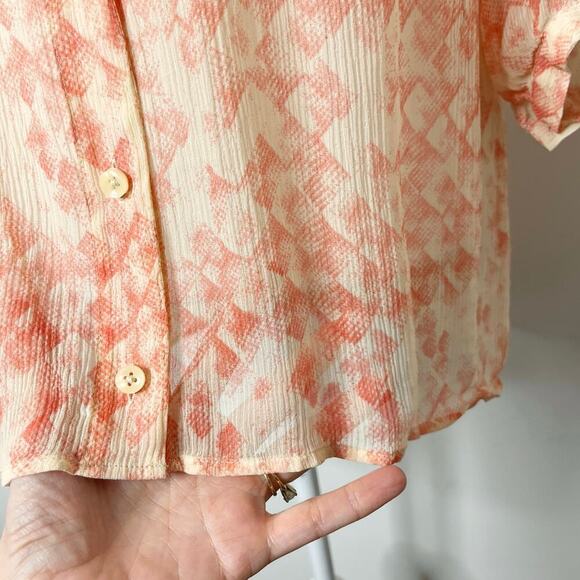 Cabi Women's Emerson Blouse M Silk Orange & Cream Button Up 3/4 Sleeve Sheer 756 - Picture 4 of 8